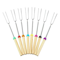 Sachelio Marshmallows BBQ Sticks Stainless Steel Retractable Wood Handle 32-inch Portable Barbecue fork(Set of 8)