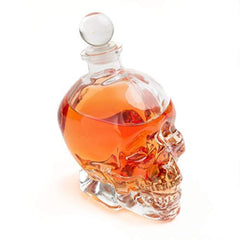 Guzzle Buddy Large Skull Face Decanter with 4 Skull Shot Glasses and Beautiful Wooden Base - By The Wine Savant Use Skull Head Cup For A Whiskey, Scotch and Vodka Shot Glass, 25 Ounce Decanter 3 Ounces Shot Glass
