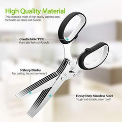 Herb Scissors Set with 5 Multi Stainless Steel Blades, Safe Cover and Cleaning Comb, Multipurpose Kitchen Chopping Shear, Mincer, Sharp Dishwasher Safe Kitchen Gadget, Culinary Cutter Chopper, Green