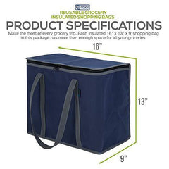 Reusable Grocery Insulated Shopping Bags - 2 Pack Extra Large Size, Collapsible & Foldable Heavy Duty Tote Bag with Durable Zipper and Handles