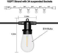 Banord 102FT Dimmable LED Outdoor String Lights, 34 Hanging Sockets with 35 x Shatterproof LED Bulb Party Lights, Waterproof Vintage Ambiance Patio Lights String for Wedding,Gatherings