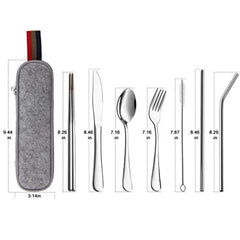 Devico Portable utensils, Travel Camping Cutlery set, 8-Piece including Knife Fork Spoon Chopsticks Cleaning brush Straws Portable bag, Stainless steel Flatware set