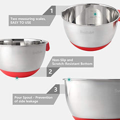 SveBake Mixing Bowls - Stainless Steel Mixing Bowl Set with Handles, Pour Spouts, Non-Slip Base and Graters, Set of 3, Red