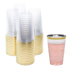 PRESTEE DRINKET Gold Plastic Cups 14 oz Clear Plastic Cups / Tumblers Fancy Plastic Wedding Cups With Gold Rim 50 Ct Disposable For Party Holiday and Occasions SUPER VALUE PACK