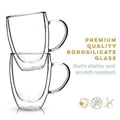 Kitchables Double Walled Thermo Insulated Cups, Glass Coffee Mugs, Coffee Mug Set, Latte Cappuccino Espresso, Coffee or Tea Mugs, Drinking Glasses, Set of 2, 12oz