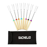 Sachelio Marshmallows BBQ Sticks Stainless Steel Retractable Wood Handle 32-inch Portable Barbecue fork(Set of 8)