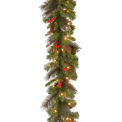 National Tree 9 Foot by 10 Inch Crestwood Spruce Garland with Silver Bristle, Cones, Red Berries and 50 Clear Lights (CW7-306-9A-1)