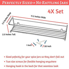 Spice Rack Organizer for Cabinet, Door Mount, or Wall Mounted - Set of 4 Chrome Tiered Hanging Shelf for Spice Jars - Storage in Cupboard, Kitchen or Pantry - Display bottles on shelves, in cabinets