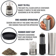 Eparé Salt or Pepper Grinder, Adjustable Ceramic Mill for Pink Himalayan Sea Salts & Black Peppercorns – Battery Powered Steel Electric Spice Shaker – LED Light