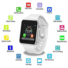Bluetooth Smart Watch for iOS iPhone Android System Qidoou Wrist Watch Camera HCM Card Sleep Monitor Step Calories Tracker Alarm Clock Call/Message Reminder Anti-Lost for Adults and Kids(White)