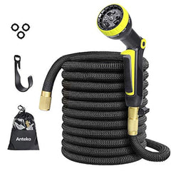 Anteko Garden Hose Strongest Expandable Water Hose 9 Functions Sprayer with Double Latex Core 3/4" Solid Brass Fittings Extra Strength Fabric - Improved Expanding Hose … (100 FT)