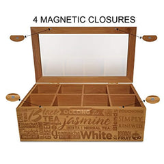 Simply Renewed Tea Box Organizer Chest Decorative Tea Bag Storage Container Bamboo 8 Compartment Box with Magnetic Closure and Ergonomic Front Handle Perfect for Organizing Your Tea Bags