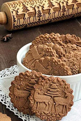 Christmas Rolling Pins with Pattern, Engraved Embossing Wooden Rolling Pin with Xmas Christmas Deer Pattern for Baking Embossed Cookies, Rolling Pin Kitchen Tool 17x2 inch (Brown)
