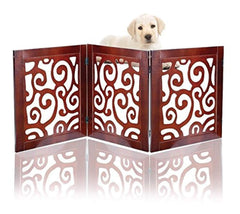 Safety Pet Gate for Dogs - Free-Standing & Foldable - Decorative Scroll Wooden Fence Barrier - Stairs & Doorways