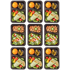 DuraHome - Round Meal Prep Containers with Lids 28oz. Pack of 10 BPA-Free Round Microwaveable Black Plastic Food Storage Container (2 Compartments)