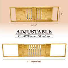 Tregini Luxury Bathtub Caddy - Extendable Bamboo Wood Bath Tray with Adjustable Book, iPad or Kindle Reading Rack - Wine Glass Holder - Cellphone or Tablet Slot