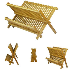 Oyydecor Bamboo Dish Rack 2-Tier Collapsible Drainer Folding Wooden Dish Drying rack with Utensils Flatware Holder set Home Cabinet, 18 Slots