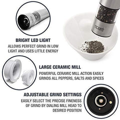 Eparé Salt or Pepper Grinder, Adjustable Ceramic Mill for Pink Himalayan Sea Salts & Black Peppercorns – Battery Powered Steel Electric Spice Shaker – LED Light