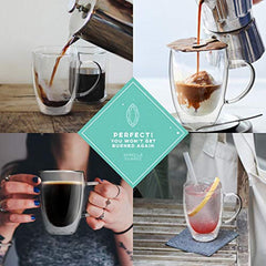 Kitchables Double Walled Thermo Insulated Cups, Glass Coffee Mugs, Coffee Mug Set, Latte Cappuccino Espresso, Coffee or Tea Mugs, Drinking Glasses, Set of 2, 12oz