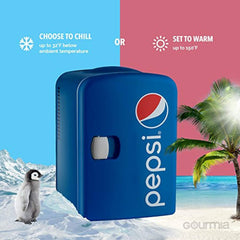 Gourmia GMF660 Pepsi Thermoelectric Mini Fridge Cooler and Warmer - 4 Liter/ 6 Can - For Home,Office, Car, Dorm or Boat - Compact & Portable - AC & DC Power Cords - Blue