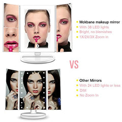 Mckbane Trifold Lighted Vanity Makeup Mirror, 3X/2X/1X Magnification Mirror with 4 Sides 38 Led Lights Touch Screen 180°Adjustable Rotation Dual Power Supply Countertop Mirror