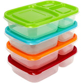 Sun & Sprouts 3 Compartment Containers - Reusable Bento Lunch box & Divided Food Storage (4 Pack) With Multi Colored Lids - Sunsella Buddy Box (Not Leakproof)