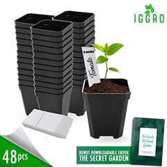 GREEN MORE 48 pcs Plastic Nursery Pot for Plants 2.75" Square x 3.25" Seed Starting/Transplant Plant Containers for Tomatoes Basil Peppers Mint with 48 Label Markers and Drain Holes for Germination with Ebook