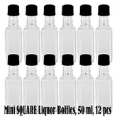 Mini SQUARE Plastic Alcohol 50ml Liquor Bottle Shots + Caps (12)