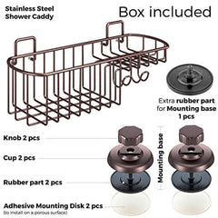 HASKO accessories - Powerful Vacuum Suction Cup Shower Caddy Basket for Shampoo - Combo Organizer Basket with Soap Holder and Hooks - Stainless Steel Holder for Bathroom Storage (Bronze)