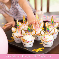 180+ PCS Complete Unicorn Party Supplies & Decorations - Glittery Unicorn Headband | Disposable Tableware Set | 30 Magical Balloons | 24 Pc Unicorn Cupcake Wrappers & Toppers | Party Favors
