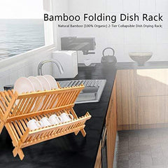 Bamboo Dish Drying Rack, SZUAH Collapsible Dish Drainer, Foldable Dish Rack Bamboo Plate Rack, By 100% Natural Bamboo (17.5" x 13" x 9.6")