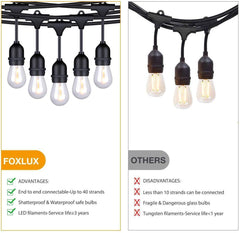 FOXLUX Outdoor String Lights - 48 ft Shatterproof and Waterproof Heavy-Duty LED Outdoor Lights - 15 Hanging Sockets, 1 W Plastic Bulbs - Create Ambience for Patio, Backyard, Garden, Bistro, Cafe