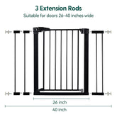 BABELIO 26-40 Inch Easy Install Extra Wide Pressure Mounted Metal Baby Gate, No Drilling, No Tools Required, with Wall Protectors and Extenders (Black)