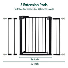 BABELIO 26-40 Inch Easy Install Extra Wide Pressure Mounted Metal Baby Gate, No Drilling, No Tools Required, with Wall Protectors and Extenders (Black)