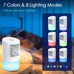 MOSAJIE Personal Air Cooler, Portable Air Conditioner, Desktop Cooling Fan, Mini Space Evaporative Air Cooler with with 7 Colors LED Lights, Timer, Handle, 3 Speeds for Home, Office, Room
