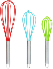 TEEVEA Set of 3 Multi-Color Silicone whisks with stainless steel handles. Milk & Egg Beater Balloon Metal Whisk for Blending, Whisking, Beating and Stirring