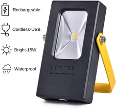 15W Rechargeable Work LOFTEK Light, 2019 Upgraded, 7 Hours Lasting Battery Powered Flood Light with USB Ports and SOS Modes, Portable and Cordless Security Job Site FloodLight, Black and Yellow