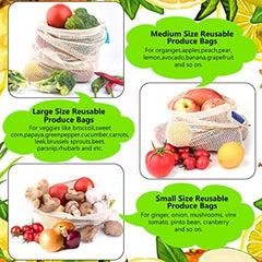 QYQBOON Reusable Mesh Produce Bags, Zero Waste Eco-Friendly Natural & Healthy Organic Cotton Drawstring Net Bag for Grocery Shopping Storage Set of 8 (3 Small - 3 Medium - 2 Large)