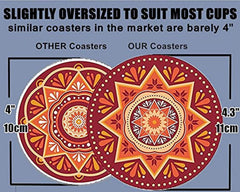 ENKORE Absorbent Coasters For Drinks - 6 Pretty Mandala Patterns on Big Ceramic Stones with Cork Back, Use as Elegant Home Decor and Save Your Furniture From Damage By Water Stain And Marks, No Holder