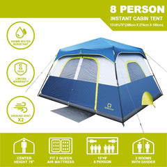 OT QOMOTOP Family Camping Tents for All Seasons, 8 Person Instant Setup (60s) Tents with Top Rainfly and Carry Bag, Windproof Waterproof Tents with Gate Mat