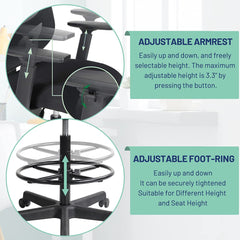 VANCIKI Drafting Chair, Tall Office Chair, High Adjustable Standing Desk Chair, Ergonomic Mesh Computer Task Table Chairs with Adjustable Armrests and Foot-Ring for Standing Desk and Bar Height Desk