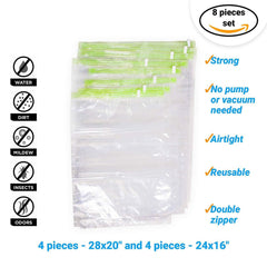 QYQBOON 8 Travel Space Saver Bags - No Vacuum or Pump Needed - for Clothes - Reusable - Luggage Compression - Set of 4 L and 4 M Sacks - Transparent