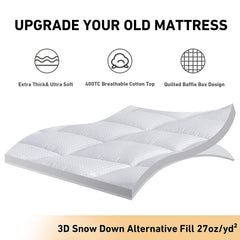 Atarashi 3 Inch Thick Mattress Topper Queen,400TC Pillow Top Mattress Topper,Soft Cotton Mattress Pad Cover,Breathable & Plush Down Alternative Fill,Fit to 8”-21” Mattress,White