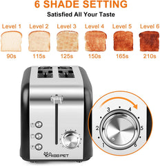 Abosi Toaster 2 Slice Wide Slot Abosi Small Retro Stainless Steel Toaster with Defrost/Warm Up/Stop Function,Mini Compact Bread Toasters,6 Shade Settings,Removable Crumb Tray,Black