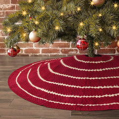 LimBridge Christmas Tree Skirt, 48 inches Knitted Rustic Stripe Thick Heavy Yarn Knit Xmas Holiday Decoration, Burgundy and Cream