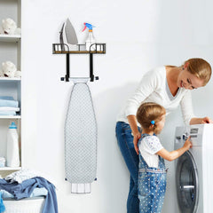 LADESIGGN Ironing Board Hanger Wall Mount, Laundry Room Iron and Ironing Board Holder, Iron Accessories with Storage Basket & Removable Hook