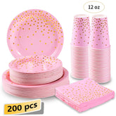 Duocute Pink and Gold Party Supplies 200Pcs Disposable Pink Paper Plates 12oz Cups Napkins Dinnerware Set Golden Dot Theme Party Wedding Bachelorette Girl Birthday Baby Shower, Serves 50