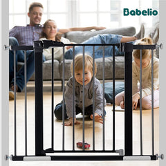 BABELIO 26-40 Inch Easy Install Extra Wide Pressure Mounted Metal Baby Gate, No Drilling, No Tools Required, with Wall Protectors and Extenders (Black)