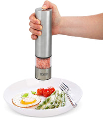 Eparé Salt or Pepper Grinder, Adjustable Ceramic Mill for Pink Himalayan Sea Salts & Black Peppercorns – Battery Powered Steel Electric Spice Shaker – LED Light