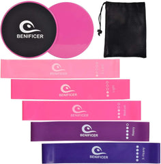 Benificer Core Sliders and Exercise Loop Bands, Set of 5 Resistance Bands with Set of 2 Double Fitness Sliding Gliders Workout Discs for Home Gym, Yoga, Pilates, Crossfit